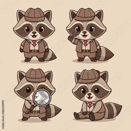 Cute Detective Raccoon Character Set.