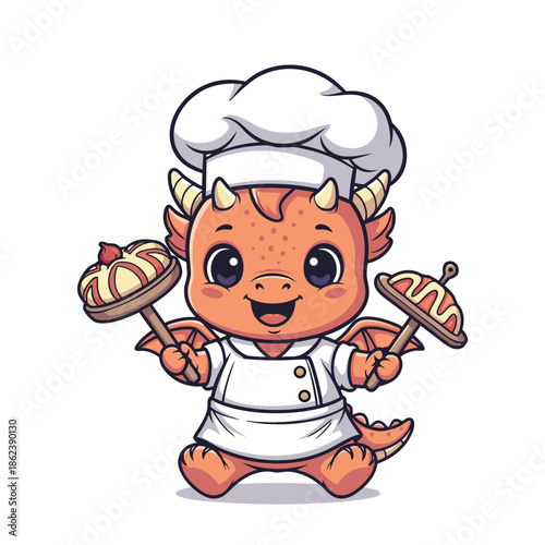 Cute Dragon Chef Holding Pastries.