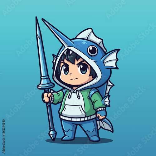 Cute chibi character wearing a fish costume holding a spear.