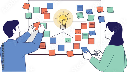 Two people brainstorming ideas with sticky notes on a whiteboard illustrating teamwork and creative problemsolving.