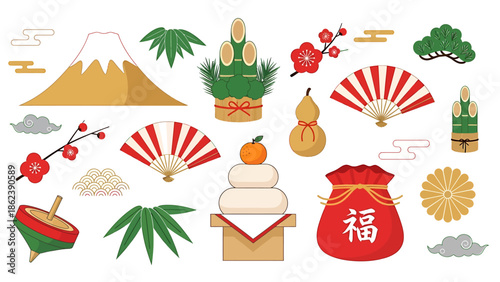Cultural Celebration, Japanese Traditions, Mount Fuji, Illustration, Festive, Colorful, Symbolism