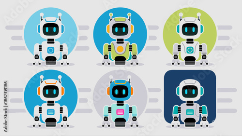 AI powered robot assistant icon set, flat vector style.