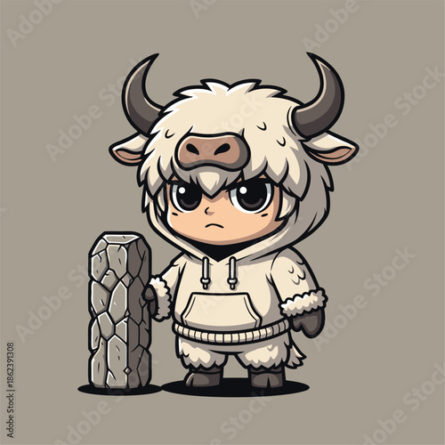 Cute Chibi Yak Character Holding a Stone Pillar.