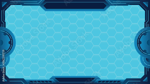 Futuristic technology vector frame design with gear decoration and neon blue color