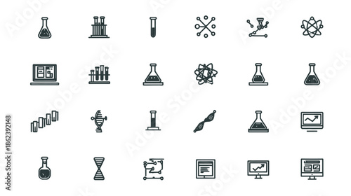 Science, Chemistry, and Technology Outline Icons Set. Research Lab Equipment, Innovation, and Digital Analysis Vector Symbols.