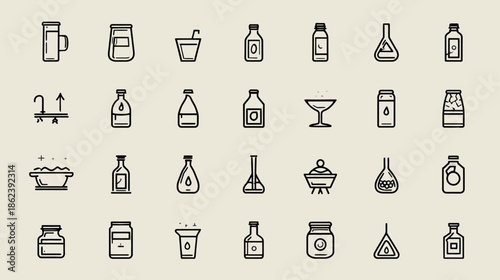Diverse outline icons set of various bottles, jars, cups, and liquid containers. Minimalist line art vector collection for packaging and drinks.