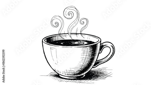 Hand drawn sketch of a steaming coffee mug cup
