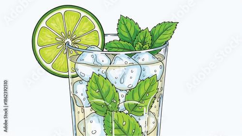 Hand drawn refreshing mojito cocktail with lime and mint leaves