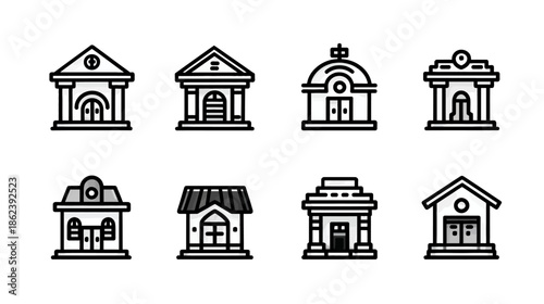 Outline building icons set. Vector collection of architectural structures for web and app design. Institutional, commercial, residential buildings.