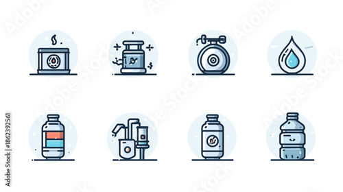 Collection of water-related vector icons: purification, filtration, hydration, bottled water, dispenser, and clean drinking liquid.