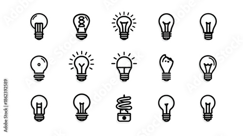 Lightbulb Icons Set: Idea, Innovation, Creativity, and Energy Solutions. Outline Vector Graphics for Business and Technology Concepts.