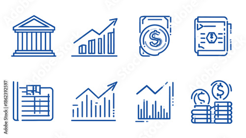 Set of Financial Business Line Icons: Banking, Investment Growth Charts, Money Coins, Accounting, Statistics, Digital Finance Graphics