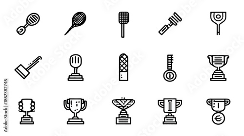Outline vector icons of sports equipment, game accessories, and winner trophies for competition, achievement, and success.