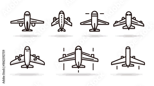 Collection of minimal airplane line art icons, top view. Vector symbols for flight, travel, aviation, and transport concepts.