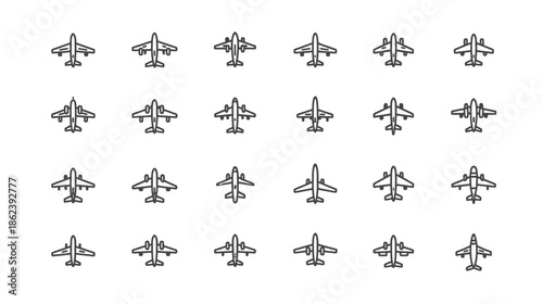 Set of various airplane and aircraft line icons. Simple vector symbols for aviation, travel, and transportation design.