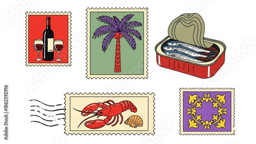 postage stamps illustrating travel and culture palm tree, wine, seafood, ornate pattern, perfect for global mementos
