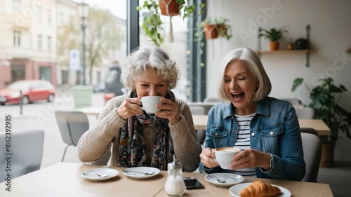 Older caucasian women friends chatting and laughing in cafe, enjoying coffee and croissant by the window, for friendship and social connection.
