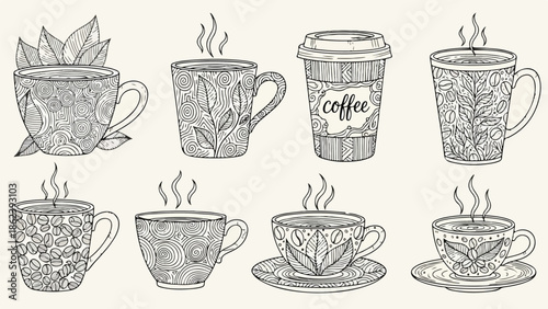 Collection of various coffee and tea cup doodles and icons