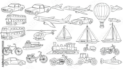 Collection of hand drawn transportation icons including plane ship and bike