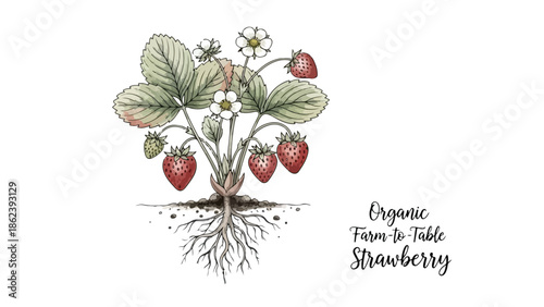 Botanical illustration of a strawberry plant with roots and text