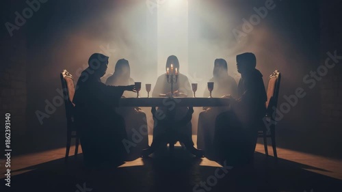 Five men in shrouded robes secretly convene around a table for a clandestine meeting in a dramatic, ritualistic setting.