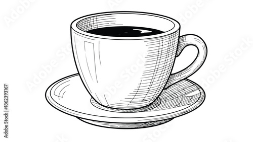 Minimalist line art of a steaming coffee cup on a saucer
