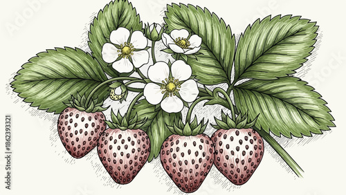 Botanical illustration of a wild strawberry plant with white flowers