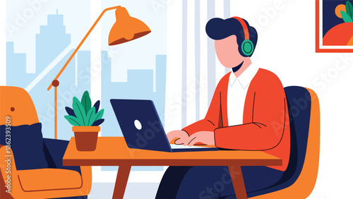 Modern vector illustration of young professional working remotely on laptop at cozy home workspace, modern lifestyle, work from home, productivity, and digital living concept