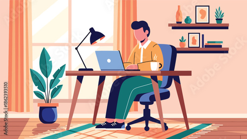Modern vector illustration of young professional working remotely on laptop at cozy home workspace, modern lifestyle, work from home, productivity, and digital living concept