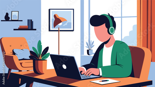Modern vector illustration of young professional working remotely on laptop at cozy home workspace, modern lifestyle, work from home, productivity, and digital living concept