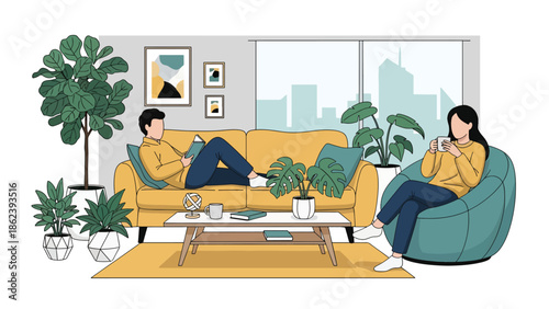 Modern vector illustration of people relaxing in stylish living room with plants and soft furniture, cozy home lifestyle, comfort, and modern urban living concept