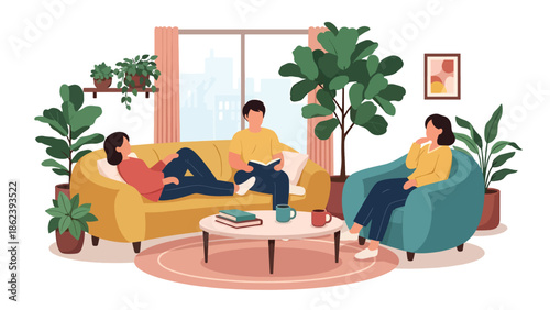 Modern vector illustration of people relaxing in stylish living room with plants and soft furniture, cozy home lifestyle, comfort, and modern urban living concept