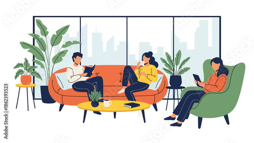 Modern vector illustration of people relaxing in stylish living room with plants and soft furniture, cozy home lifestyle, comfort, and modern urban living concept