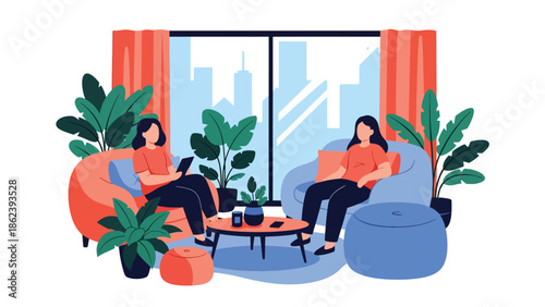 Modern vector illustration of people relaxing in stylish living room with plants and soft furniture, cozy home lifestyle, comfort, and modern urban living concept