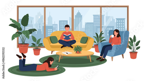 Modern vector illustration of people relaxing in stylish living room with plants and soft furniture, cozy home lifestyle, comfort, and modern urban living concept