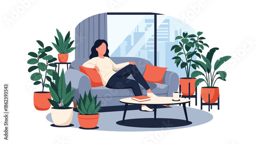 Modern vector illustration of people relaxing in stylish living room with plants and soft furniture, cozy home lifestyle, comfort, and modern urban living concept