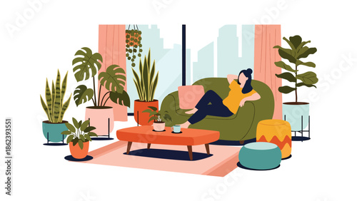 Modern vector illustration of people relaxing in stylish living room with plants and soft furniture, cozy home lifestyle, comfort, and modern urban living concept