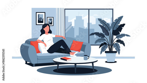Modern vector illustration of people relaxing in stylish living room with plants and soft furniture, cozy home lifestyle, comfort, and modern urban living concept