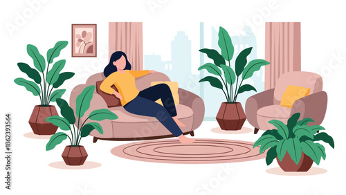 Modern vector illustration of people relaxing in stylish living room with plants and soft furniture, cozy home lifestyle, comfort, and modern urban living concept
