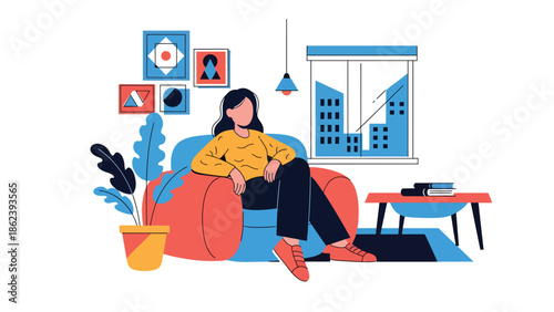 Modern vector illustration of people relaxing in stylish living room with plants and soft furniture, cozy home lifestyle, comfort, and modern urban living concept