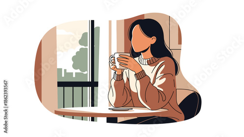 Modern vector illustration of woman enjoying morning coffee near window in cozy apartment, calm daily routine, self care, and modern lifestyle concept
