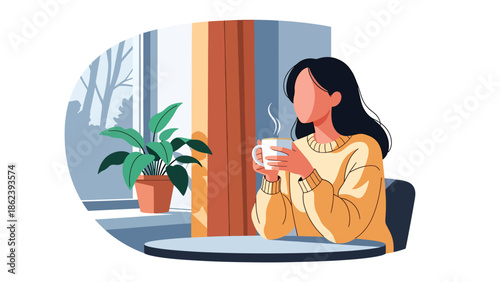 Modern vector illustration of woman enjoying morning coffee near window in cozy apartment, calm daily routine, self care, and modern lifestyle concept
