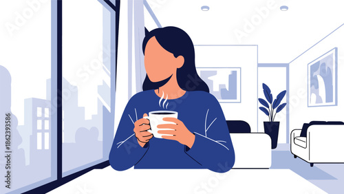 Modern vector illustration of woman enjoying morning coffee near window in cozy apartment, calm daily routine, self care, and modern lifestyle concept