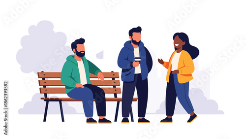 Modern vector illustration of diverse friends hanging out in city park, social connection, friendship, and urban modern lifestyle concept