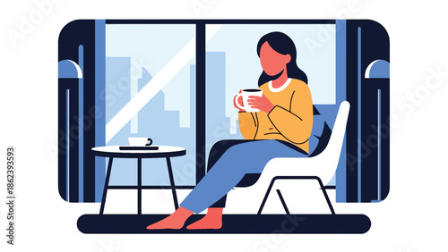 Modern vector illustration of woman enjoying morning coffee near window in cozy apartment, calm daily routine, self care, and modern lifestyle concept