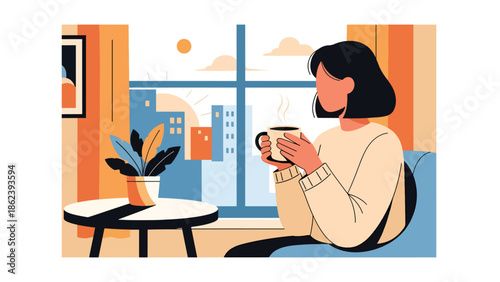Modern vector illustration of woman enjoying morning coffee near window in cozy apartment, calm daily routine, self care, and modern lifestyle concept