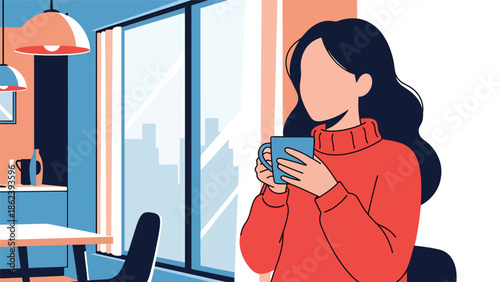 Modern vector illustration of woman enjoying morning coffee near window in cozy apartment, calm daily routine, self care, and modern lifestyle concept