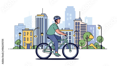 Modern vector illustration of young adult cycling through city street, sustainable transport, active urban living, and modern lifestyle concept
