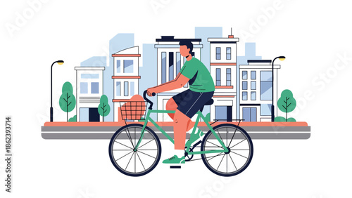Modern vector illustration of young adult cycling through city street, sustainable transport, active urban living, and modern lifestyle concept