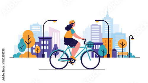 Modern vector illustration of young adult cycling through city street, sustainable transport, active urban living, and modern lifestyle concept